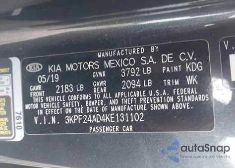 2019 Kia Forte Lxs из США, поврежденный, VIN 3KPF24AD4KE131102